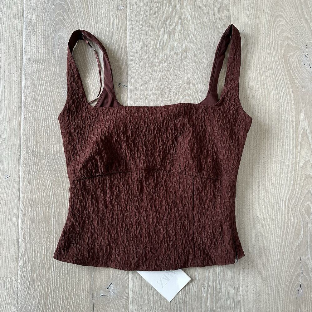 ZARA Textured Square Neck Tank Top Tie Back Burgundy Brown